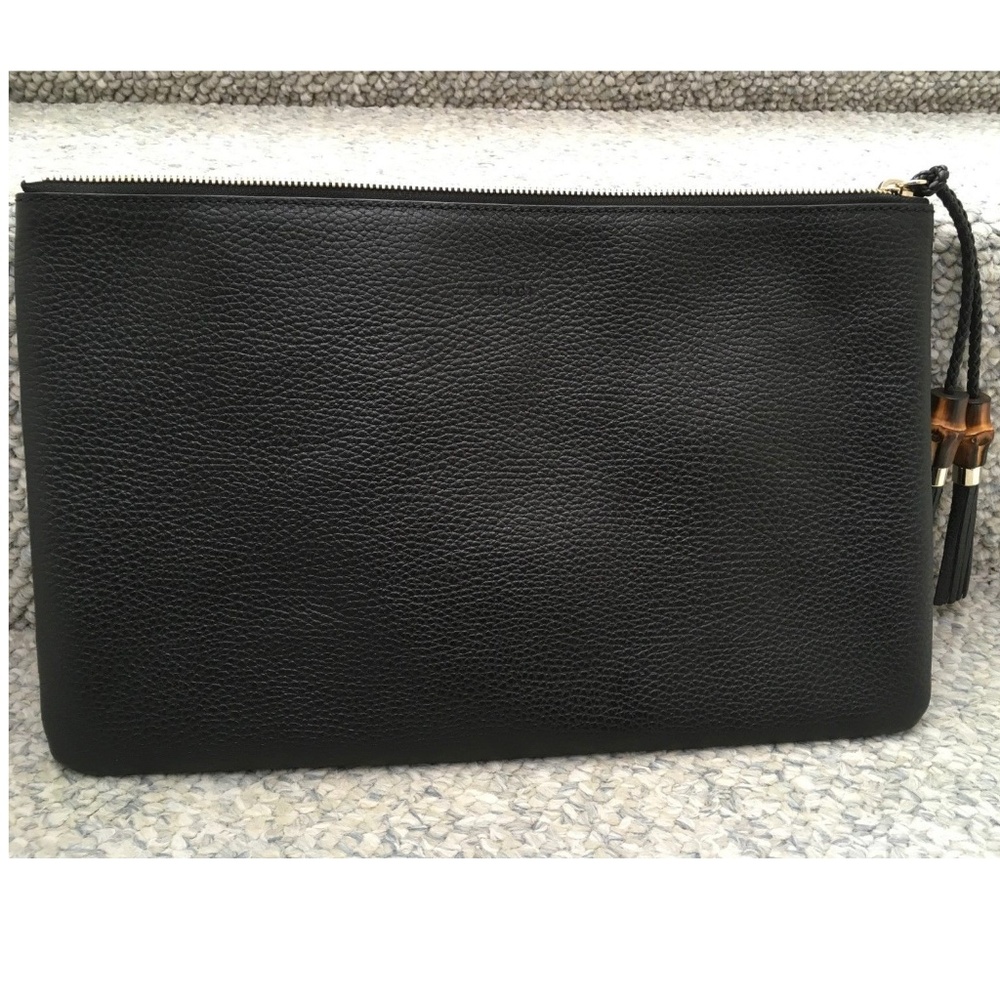 GUCCI NWT Black Clutch Large All Leather with wood